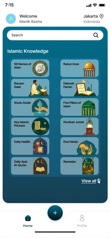iUmmah Islamic Knowledge categories including Names of Allah, Wudu, daily Hadith and duas