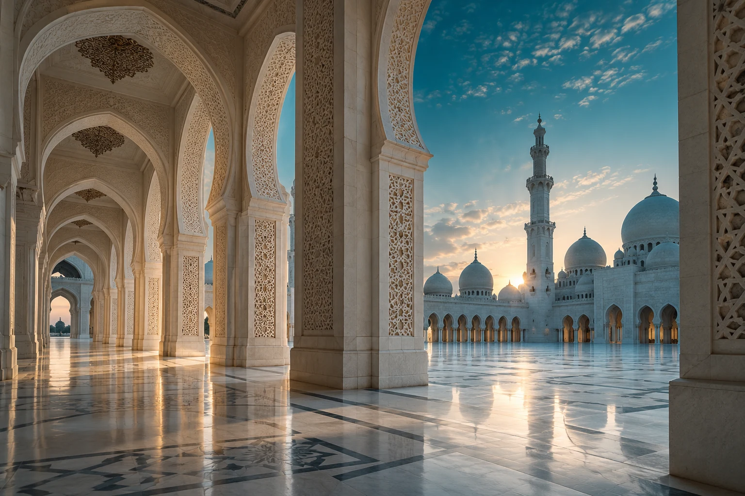 Soft light through carved stone arches in a quiet Masjid courtyard
