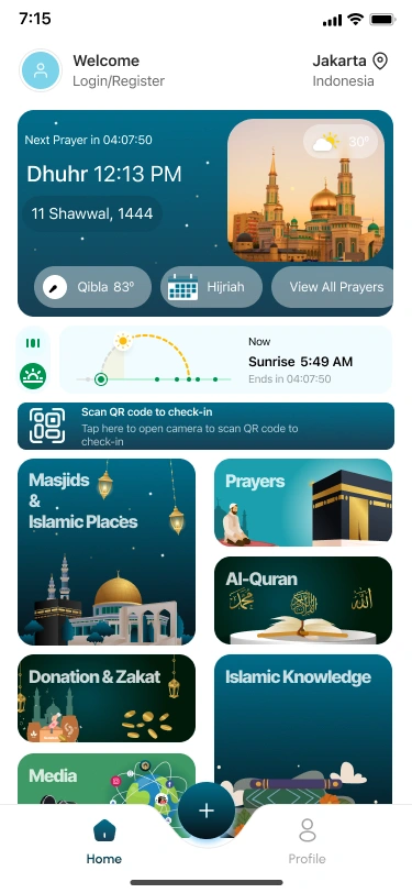 iUmmah main dashboard with prayer times and app categories
